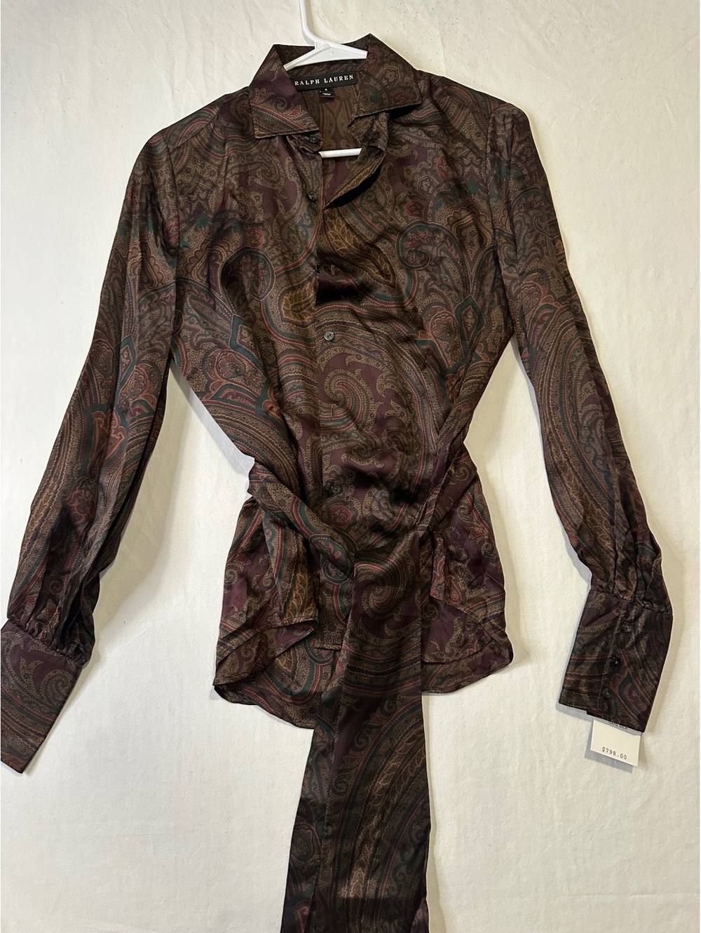 Ralph Lauren Black Label 100% Silk Paisley Blouse Tie Waist Size 4, NWT $798